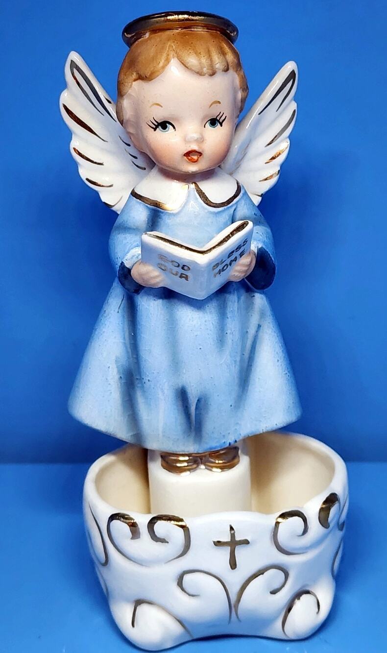 Art Japan Angel Holy Water Wall Pocket God Bless Our Home Blue Gold Accents VTG